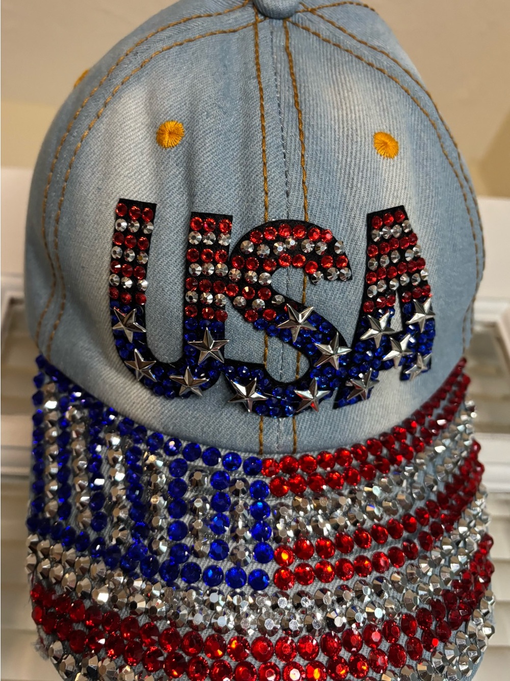 Rhinestone USA Bejeweled Denim Baseball Cap - Red, White & Blue - Picture 2 of 6